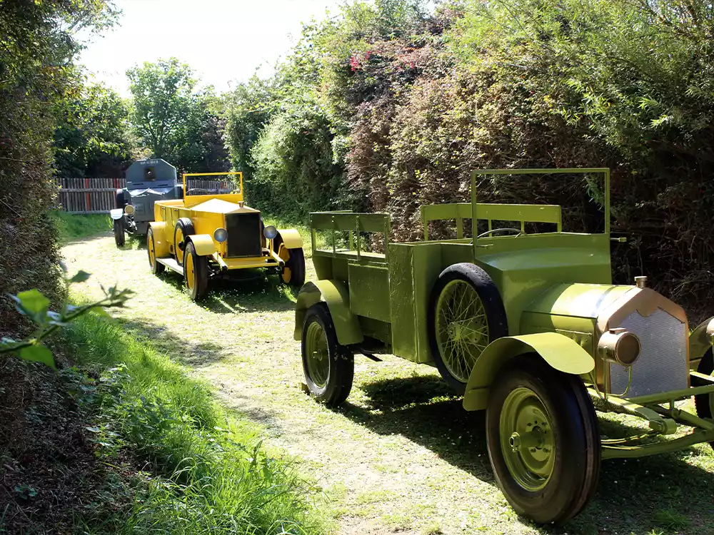 A Rolls-Royce Whippet armoured car called Sliabh na mBan, a Crossley Tender (troop lorry) and a Leyland Eight touring car.